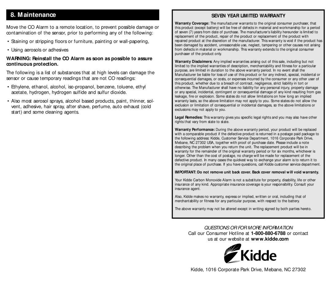 Kidde KN-COB-B-LS (900-0233) manual Seven Year Limited Warranty, Questions Or For More Information, Maintenance 