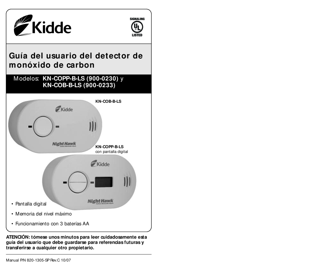 Kidde KN-COPP-B-LS (900-0230) manual Modelos KN-COPP-B-LS 900-0230 y KN-COB-B-LS, Pantalla digital Memoria del nivel máximo 