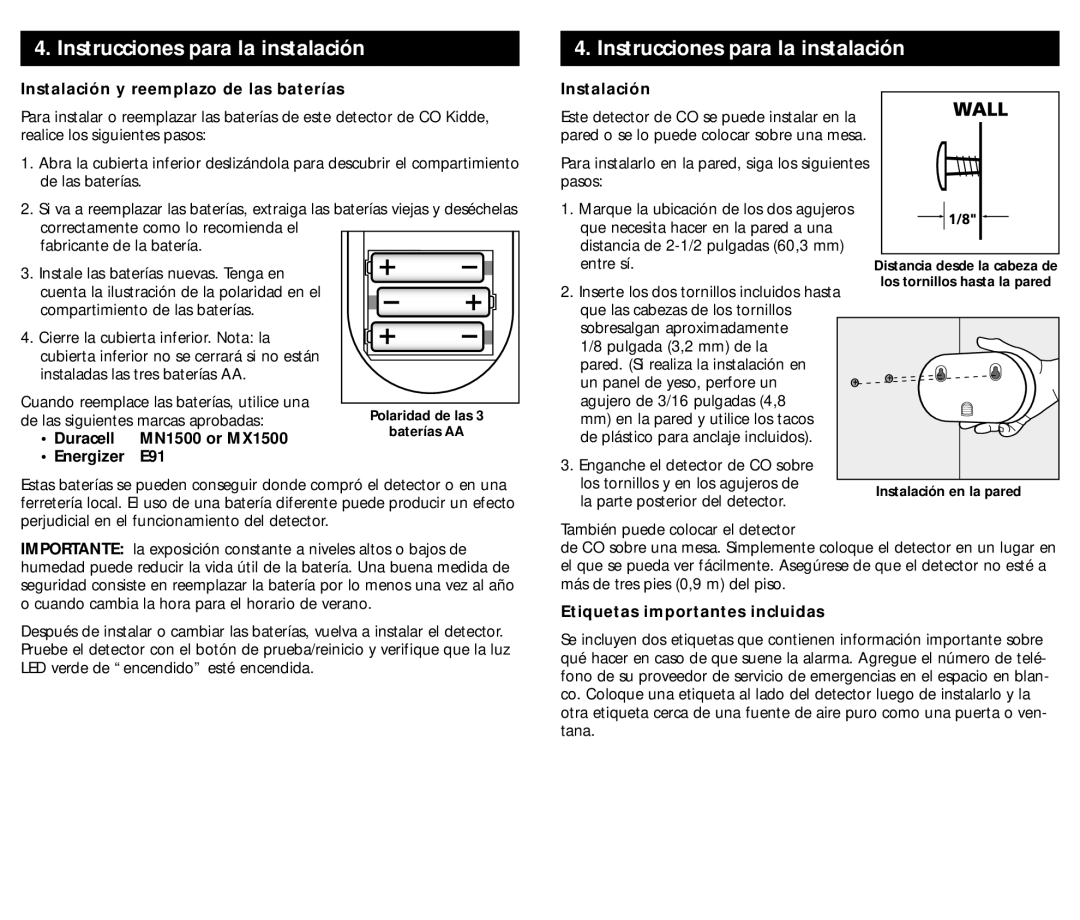 Kidde KN-COPP-B-LS (900-0230) manual Instrucciones para la instalación, Instalación y reemplazo de las baterías, Duracell 