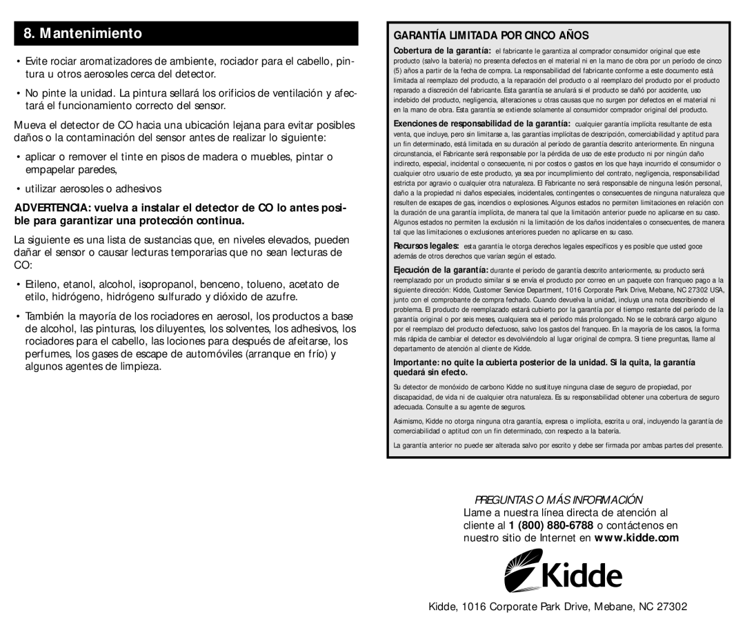 Kidde KN-COB-B-LS (900-0233), KN-COPP-B-LS (900-0230) manual Mantenimiento, Garantía Limitada Por Cinco Años 