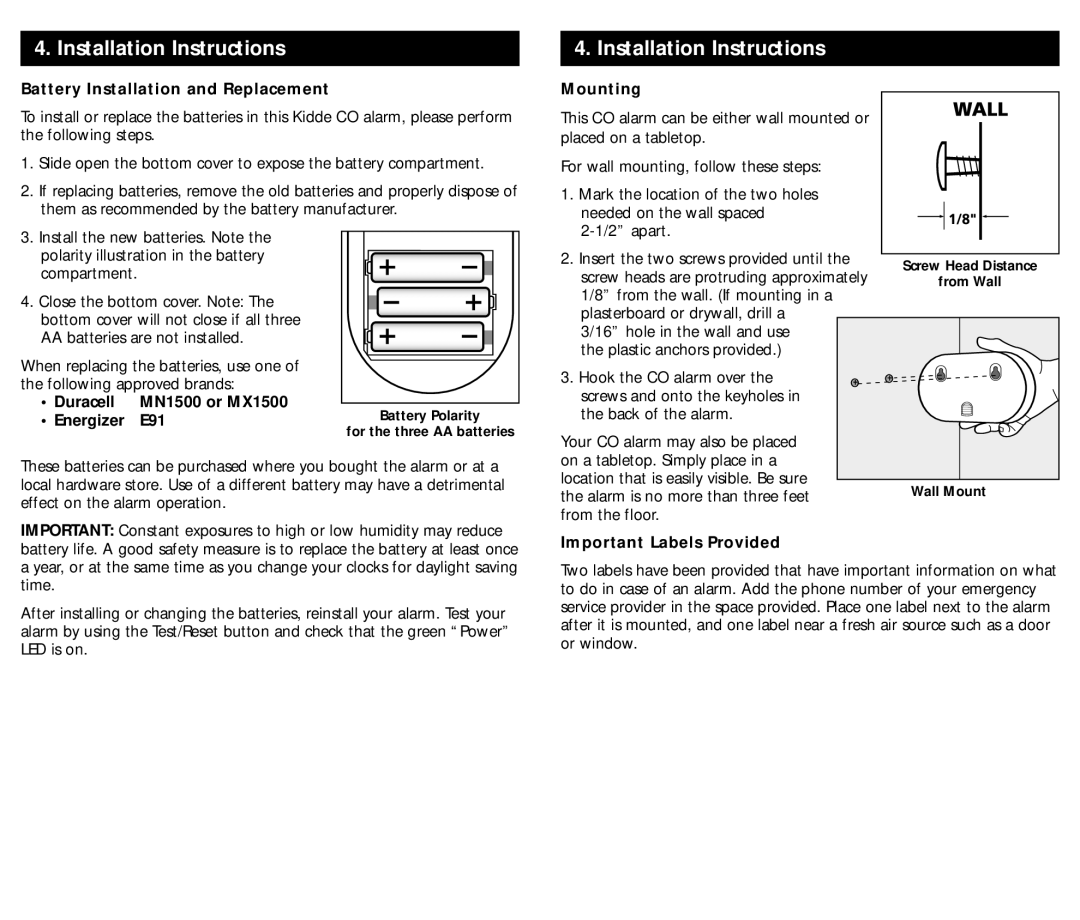 Kidde KN-COPP-B-LS (900-0230) manual Installation Instructions, Battery Installation and Replacement, Mounting 