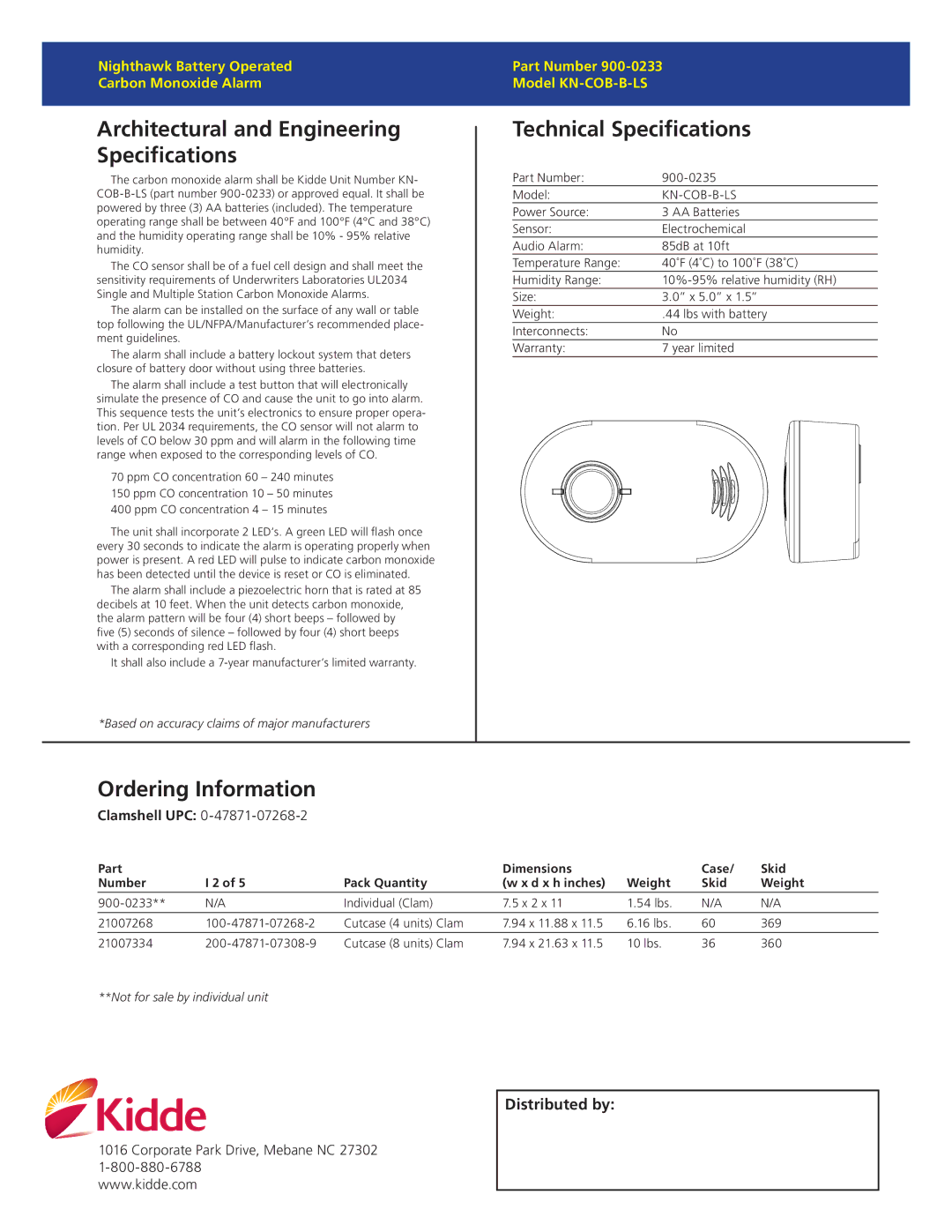 Kidde KN-COB-B-LS warranty Architectural and Engineering Specifications, Technical Specifications, Ordering Information 