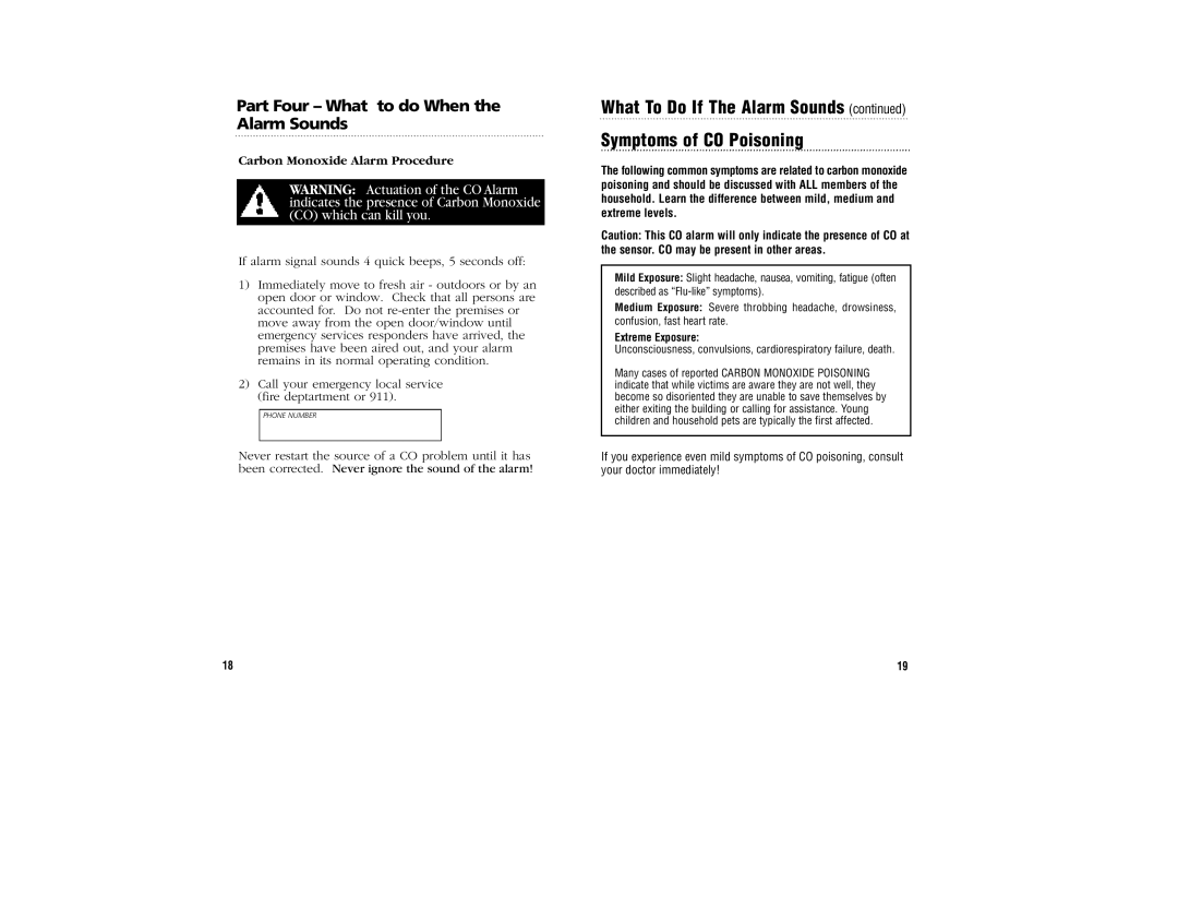 Kidde KN-COB-BCA, KN-COPP-BCA manual Symptoms of CO Poisoning, Part Four What to do When the Alarm Sounds 