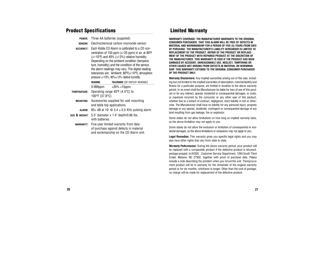 Kidde KN-COB-BCA, KN-COPP-BCA manual Product Specifications, Limited Wa rranty 