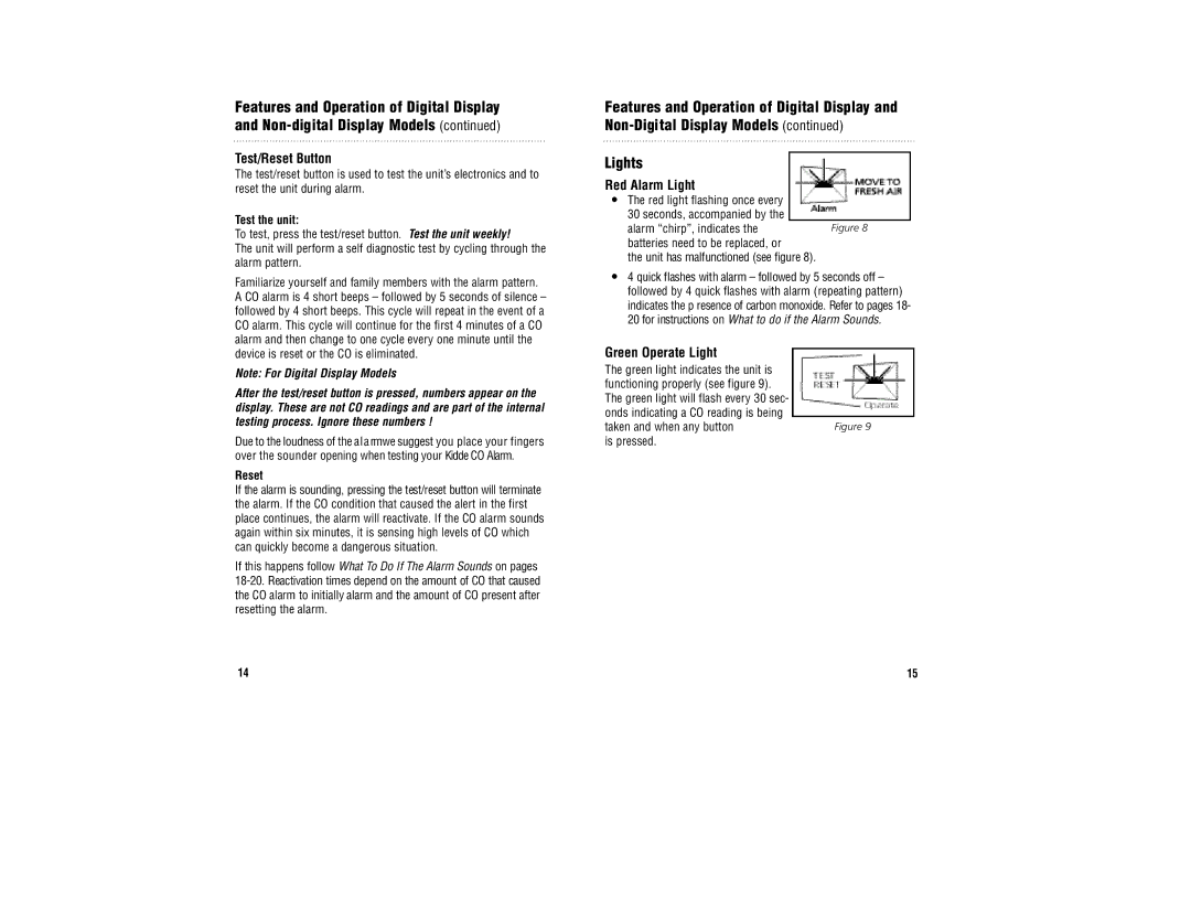 Kidde KN-COB-BCA Red Alarm Light, Green Operate Light, Test the unit, Reset, Taken and when any buttonFigure 9 is pressed 