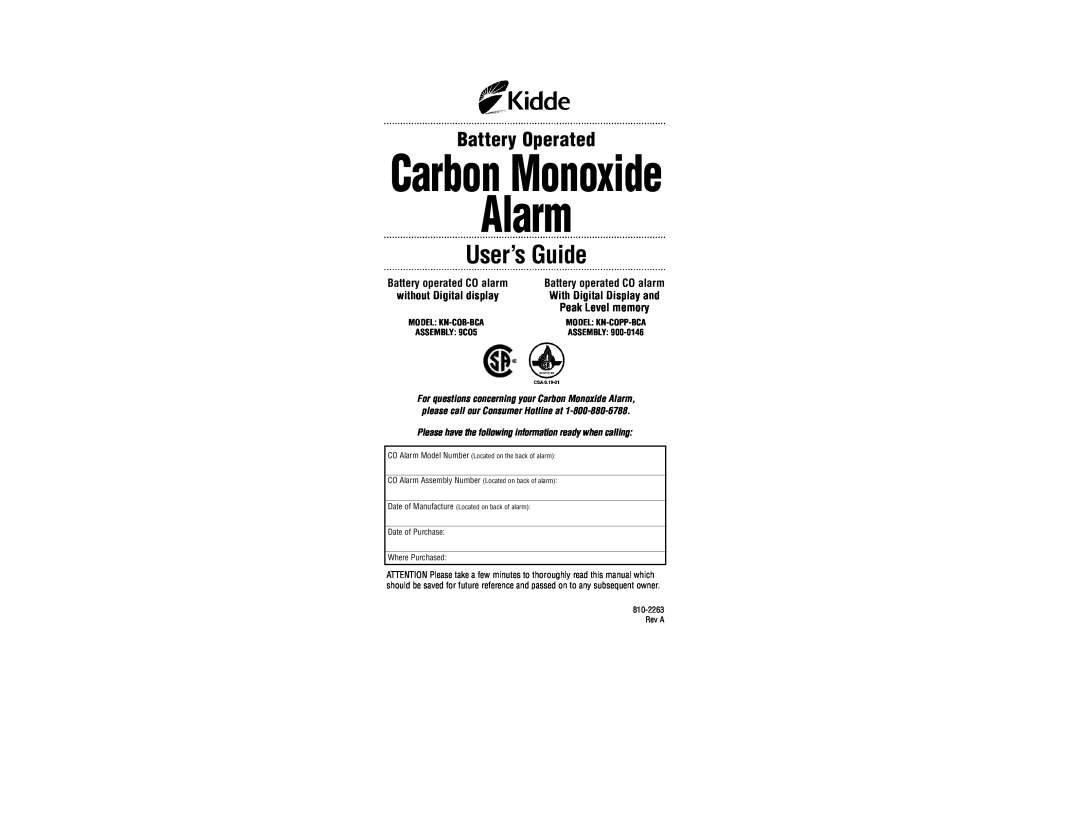 Kidde KN-COPP-BCA manual Alarm, Carbon Monoxide, U s er’s Guide, Battery Operated, Peak Level memory, Model Kn-Copp-Bca 