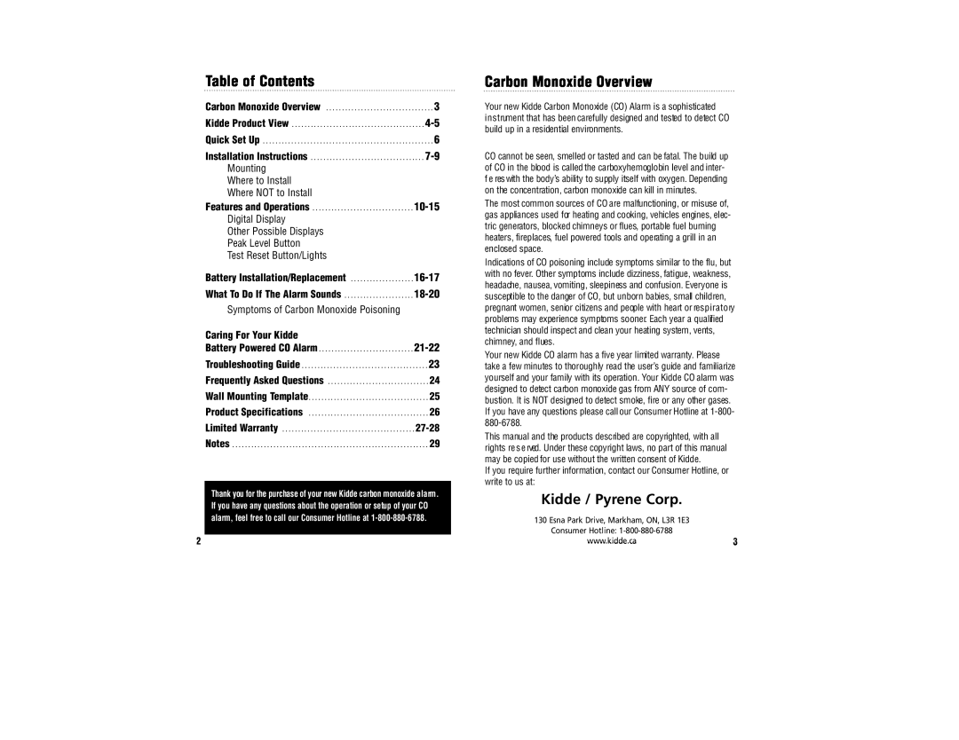 Kidde KN-COB-BCA, KN-COPP-BCA manual Carbon Monoxide Overview, Kidde / Pyrene Corp 