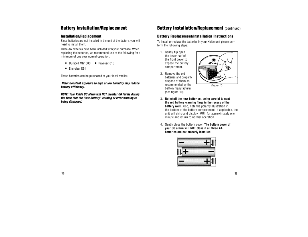 Kidde KN-COPP-BCA manual Battery Installation/Replacement continued, Battery Replacement/Installation Instructions 