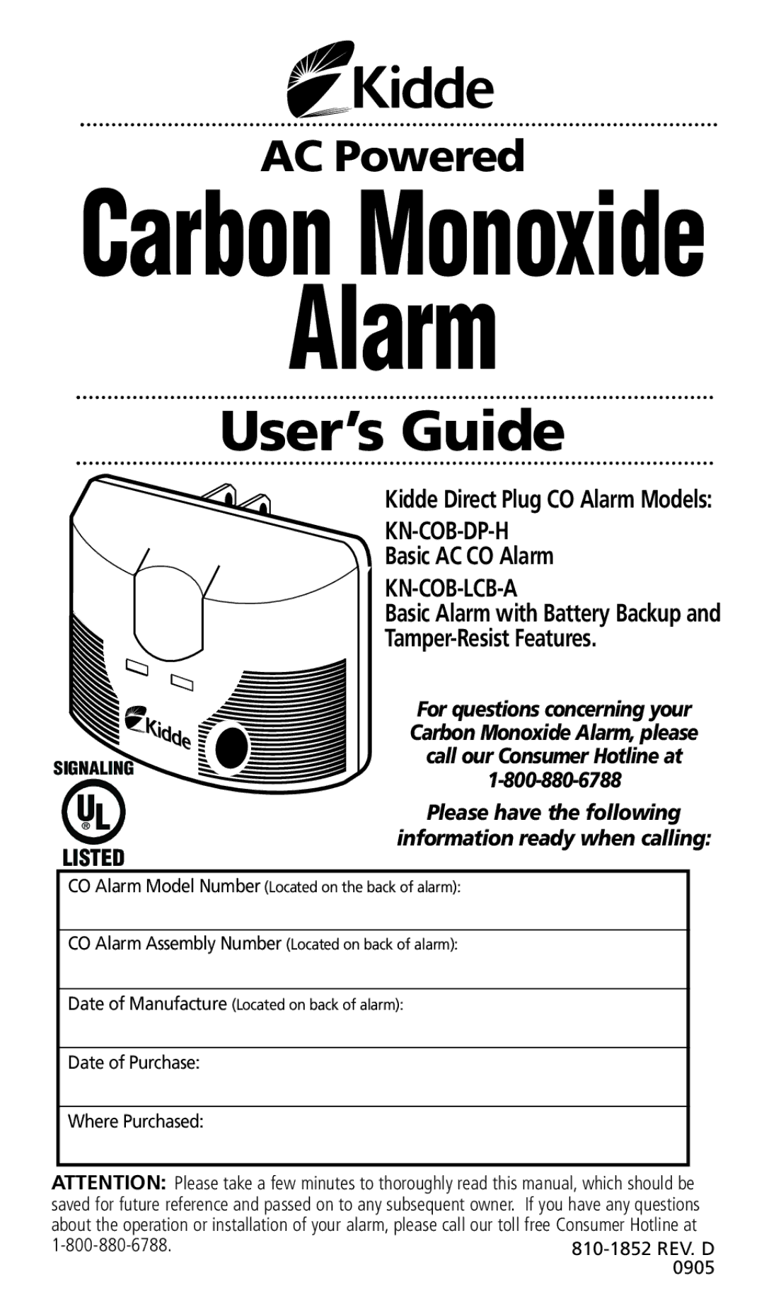 Kidde KN-COB-LCB-A, KN-COB-DP-H manual Alarm 