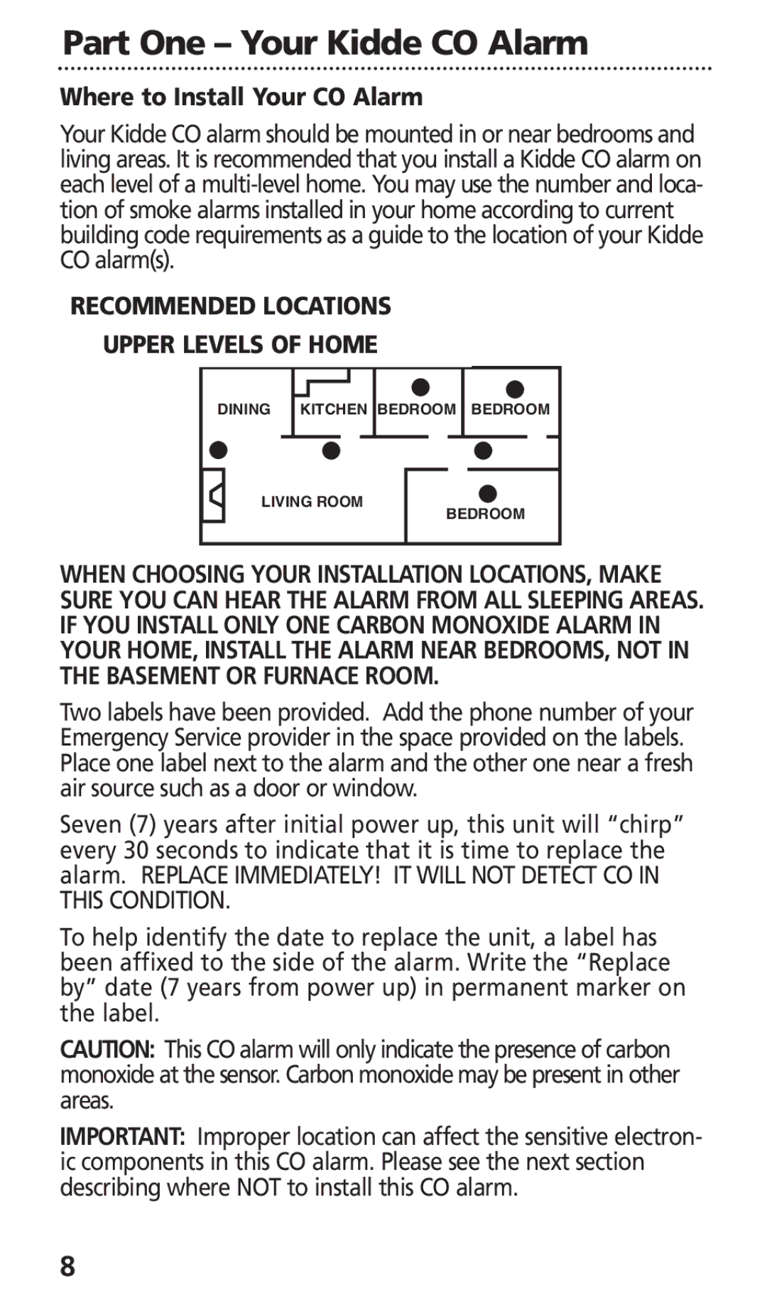 Kidde KN-COB-DP-H, KN-COB-LCB-A manual Where to Install Your CO Alarm, Recommended Locations Upper Levels of Home 