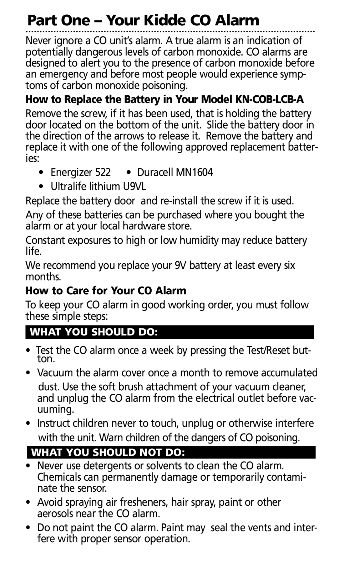 Kidde KN-COB-LCB-A, KN-COB-DP-H manual How to Care for Your CO Alarm 