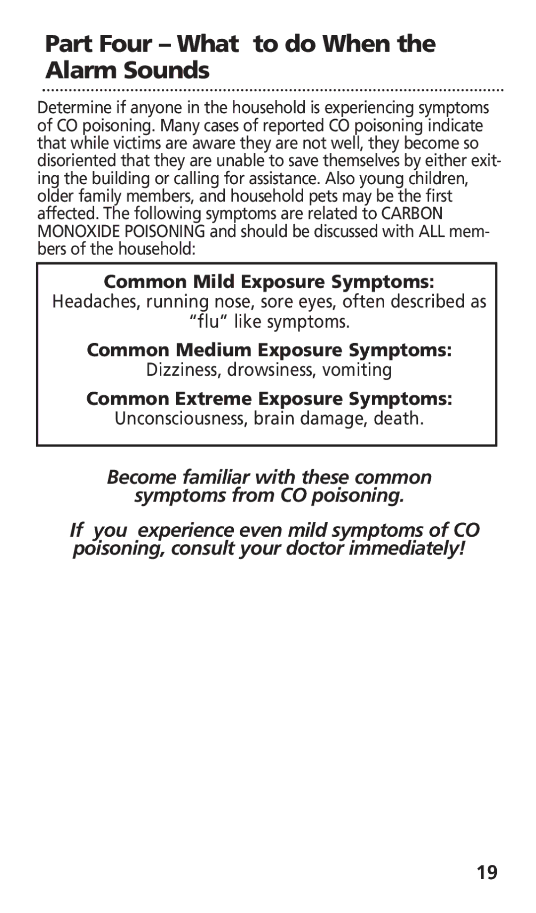 Kidde KN-COB-LCB-A, KN-COB-DP-H manual Part Four What to do When the Alarm Sounds, Common Mild Exposure Symptoms 