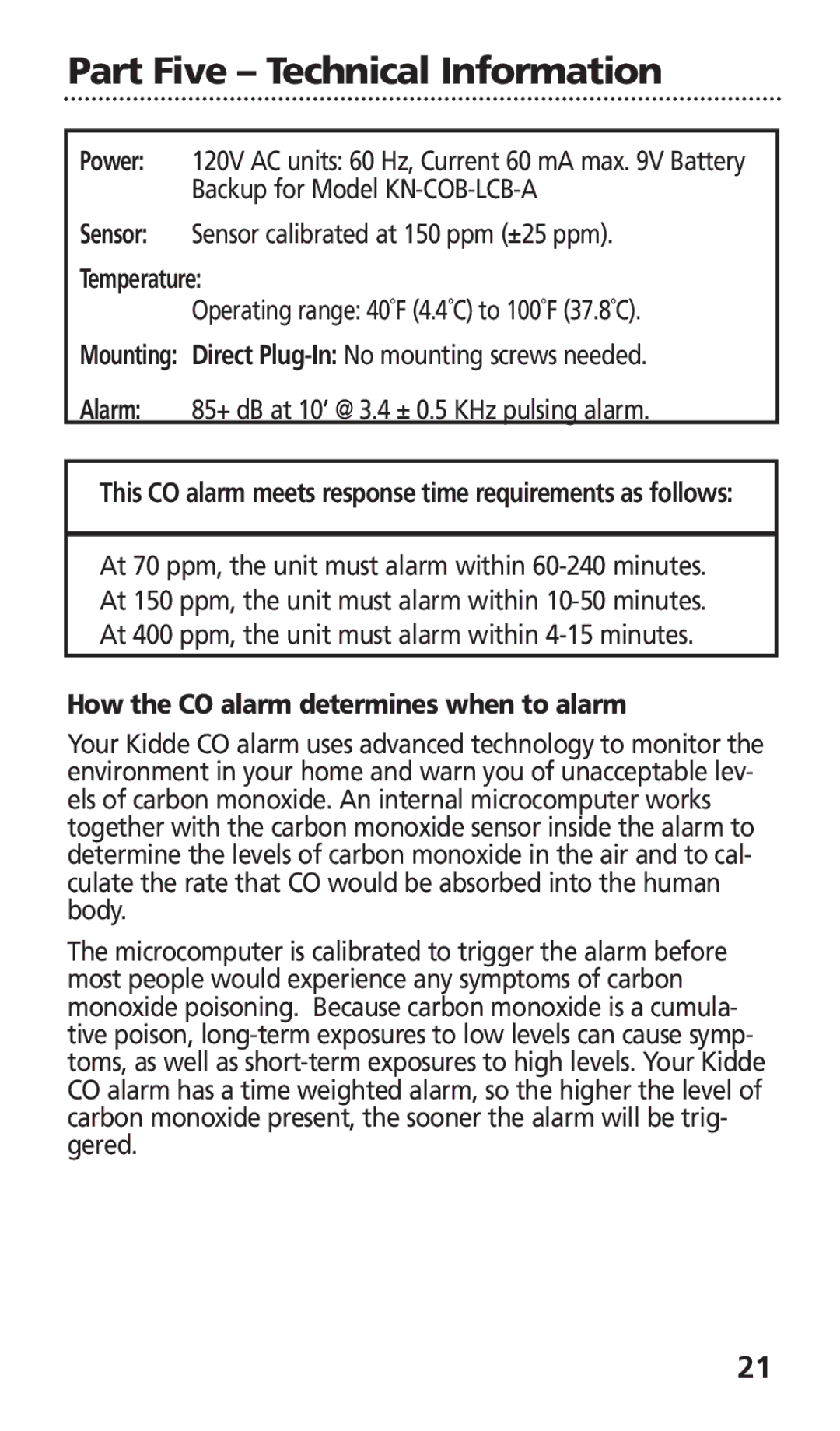 Kidde KN-COB-LCB-A manual Part Five Technical Information, Temperature, Mounting Direct Plug-In No mounting screws needed 