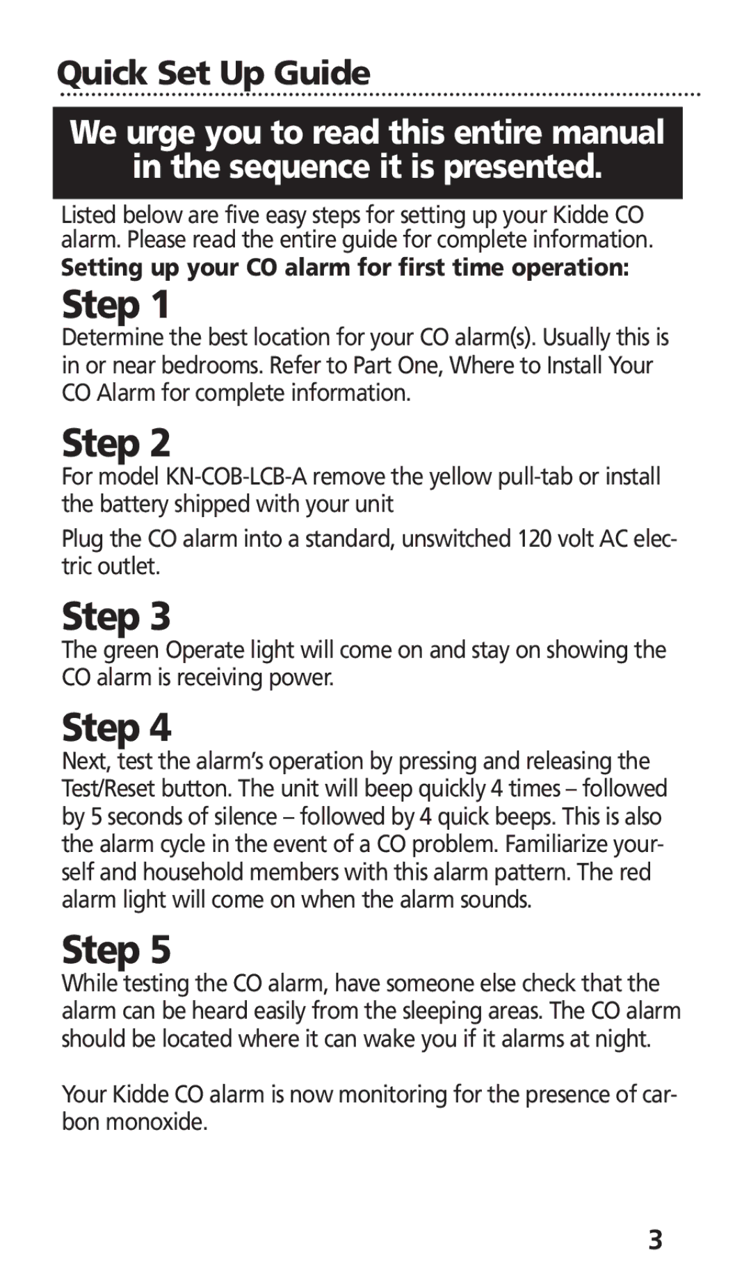 Kidde KN-COB-LCB-A, KN-COB-DP-H manual Quick Set Up Guide, Setting up your CO alarm for first time operation 