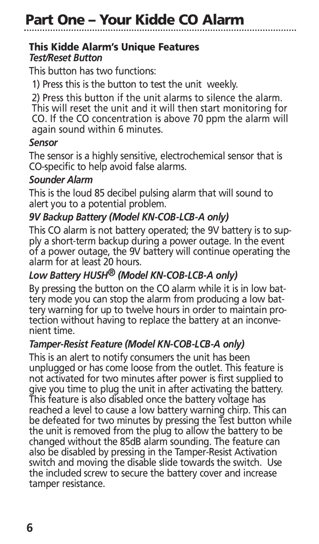 Kidde KN-COB-DP-H, KN-COB-LCB-A manual This Kidde Alarm’s Unique Features, Test/Reset Button 