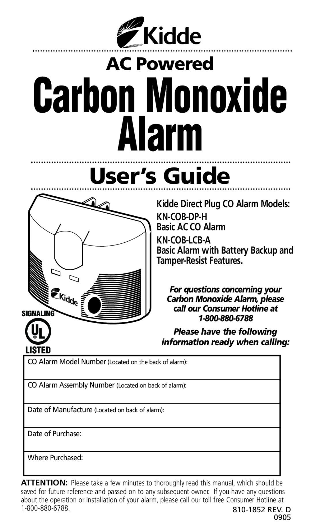 Kidde KN-COB-LCB-A, KN-COB-DP-H manual Kn-Cob-Lcb-A, Alarm, Carbon Monoxide, User’s Guide, AC Powered, Listed 