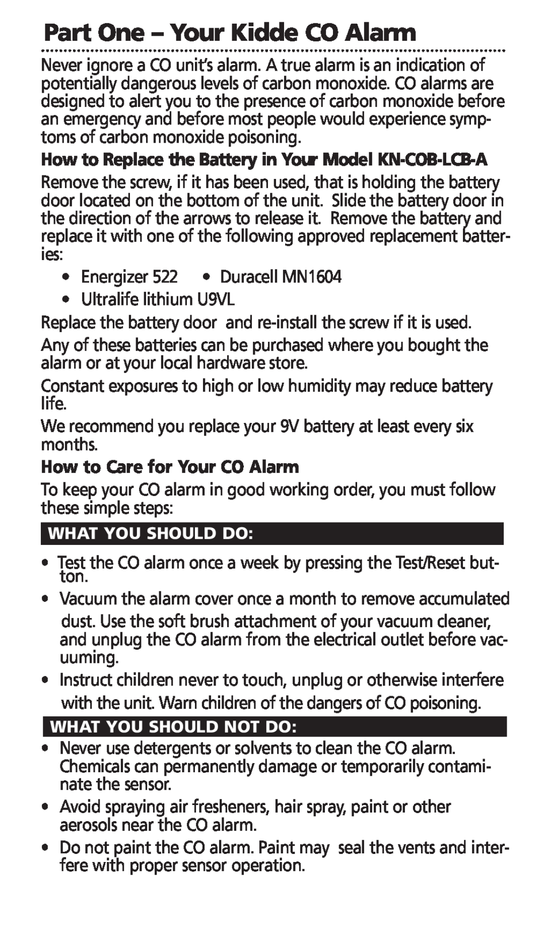 Kidde KN-COB-LCB-A, KN-COB-DP-H manual How to Care for Your CO Alarm, Part One - Your Kidde CO Alarm 