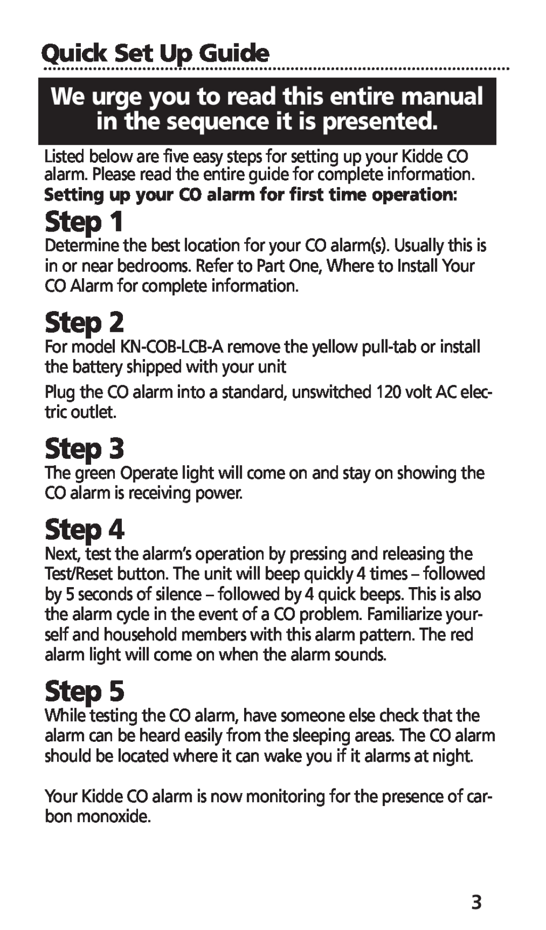 Kidde KN-COB-LCB-A, KN-COB-DP-H manual Quick Set Up Guide, Setting up your CO alarm for first time operation, Step 