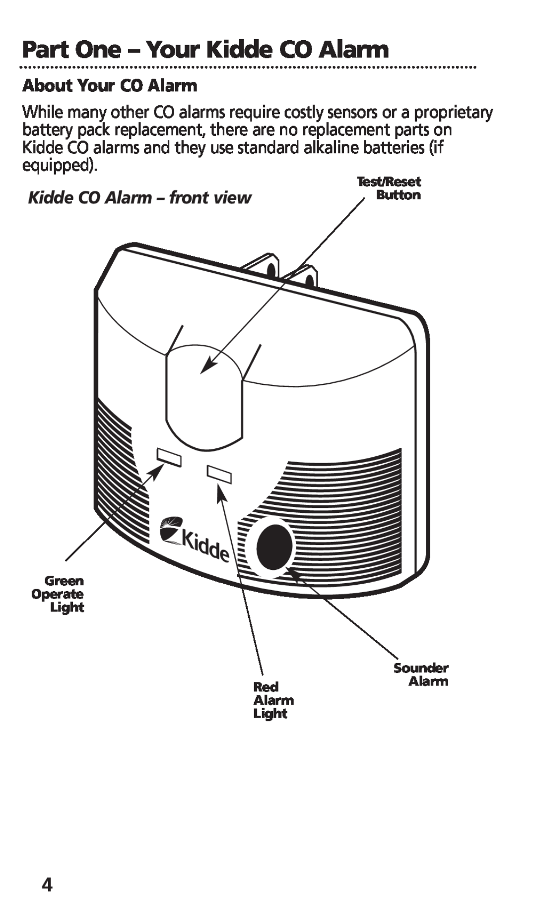 Kidde KN-COB-DP-H Part One - Your Kidde CO Alarm, About Your CO Alarm, Kidde CO Alarm - front view, Test/Reset, Button 