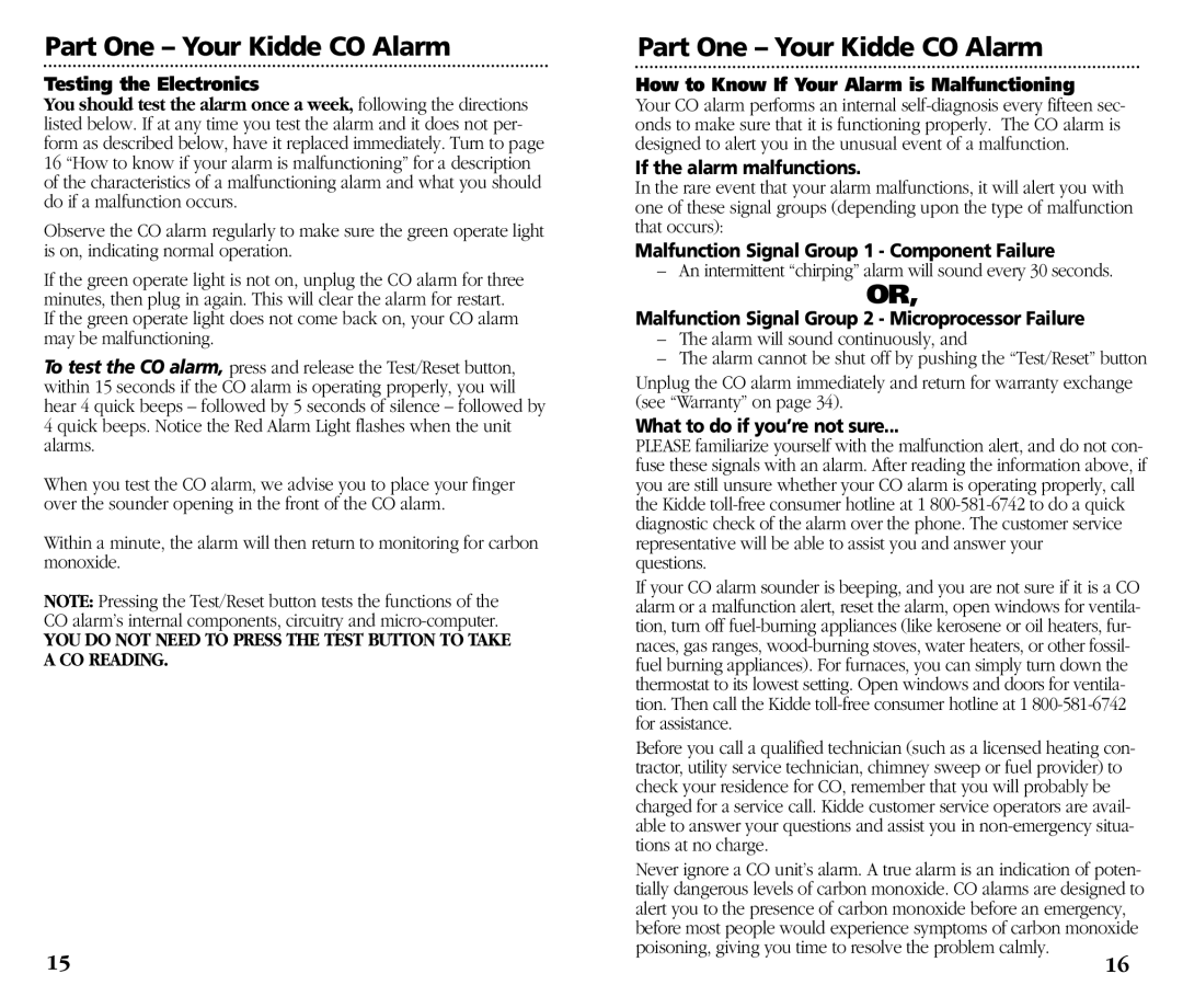 Kidde KN-COB-DP-H) manual Testing the Electronics, How to Know If Your Alarm is Malfunctioning, If the alarm malfunctions 