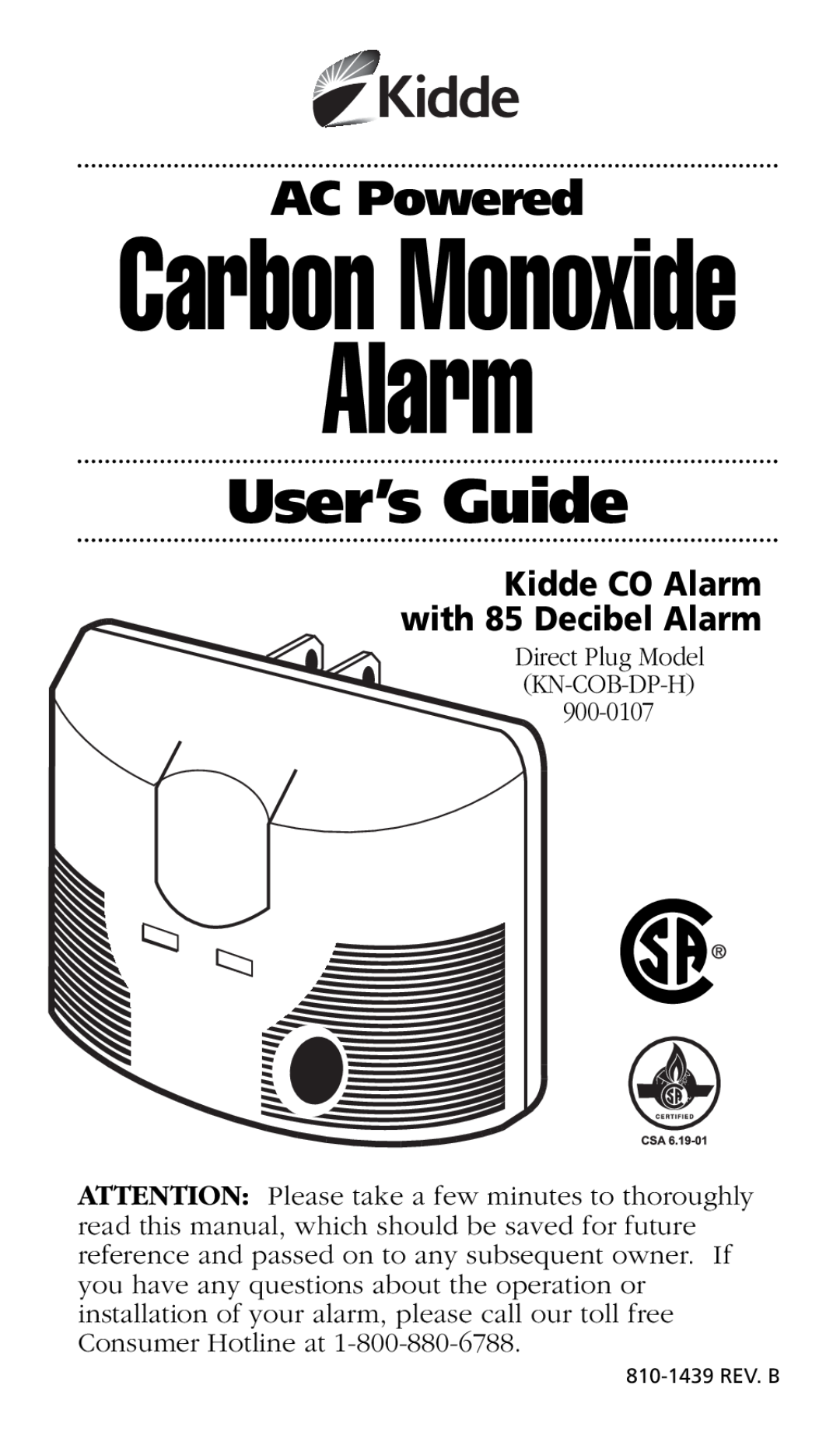 Kidde KN-COB-DP-H) manual Carbon Monoxide, User’s Guide, AC Powered, Kidde CO Alarm with 85 Decibel Alarm 