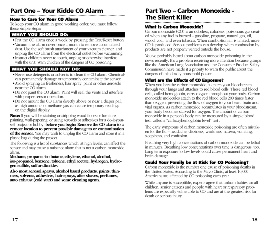 Kidde KN-COB-DP-H) manual Part Two - Carbon Monoxide - The Silent Killer, Part One - Your Kidde CO Alarm 