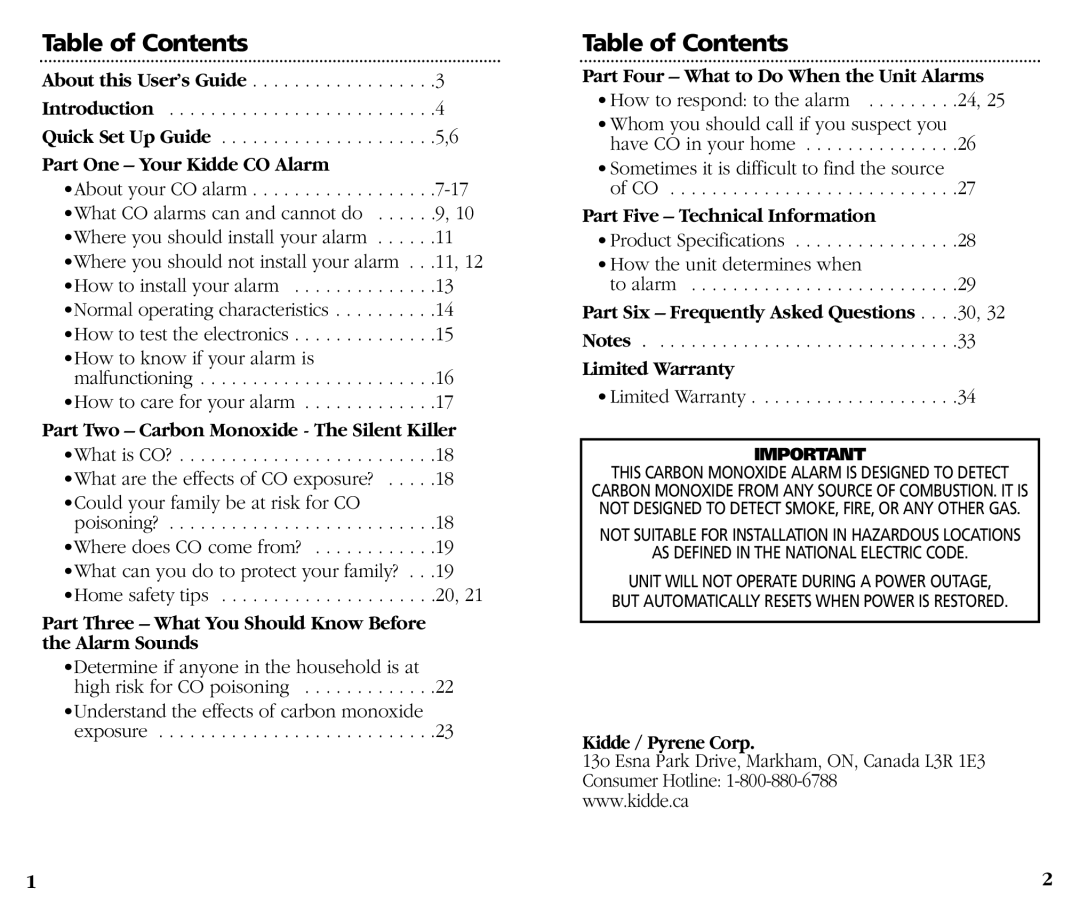 Kidde KN-COB-DP-H) manual Table of Contents, Part One - Your Kidde CO Alarm, Part Two - Carbon Monoxide - The Silent Killer 