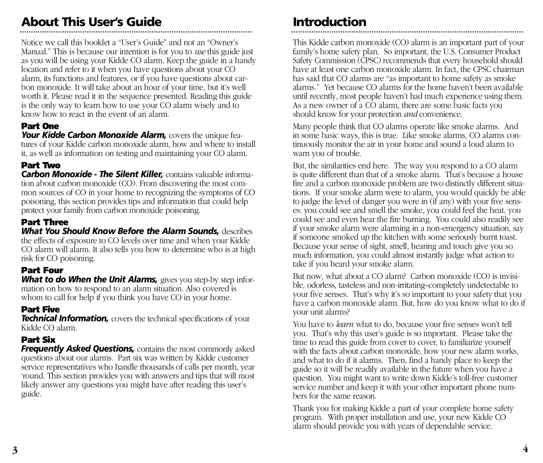 Kidde KN-COB-DP-H) About This User’s Guide, Introduction, Part One, Part Two, Part Three, Part Four, Part Five, Part Six 