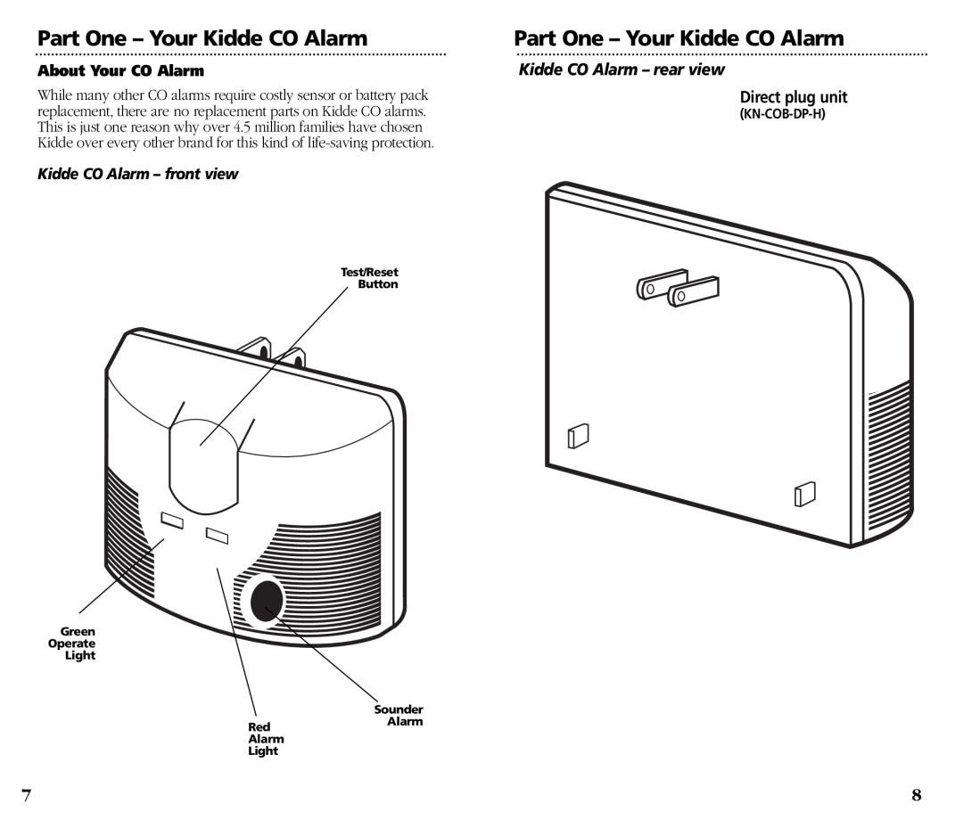 Kidde KN-COB-DP-H) manual Part One - Your Kidde CO Alarm, About Your CO Alarm, Direct plug unit 