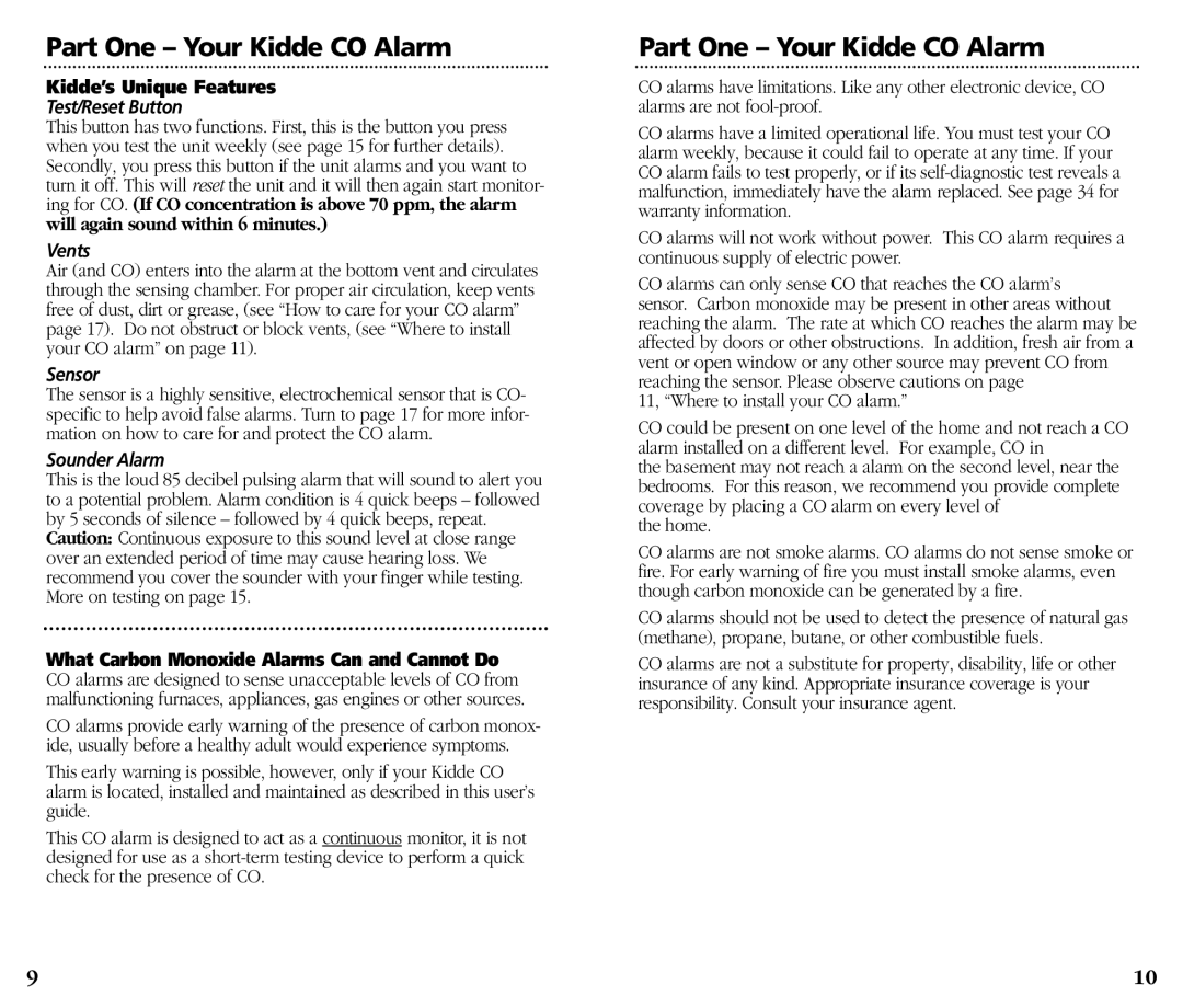 Kidde KN-COB-DP-H) manual Part One - Your Kidde CO Alarm, Kidde’s Unique Features, Test/Reset Button, Vents, Sensor 