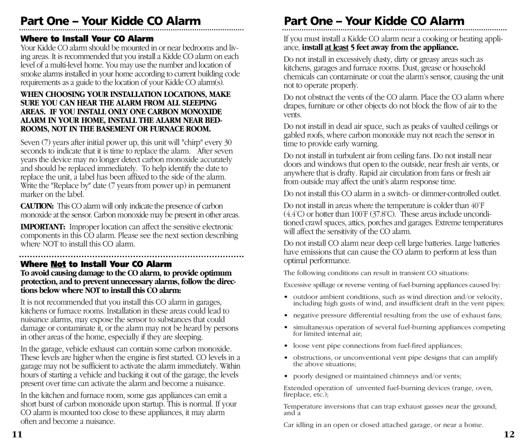 Kidde KN-COB-DP-H) manual Part One - Your Kidde CO Alarm, Where to Install Your CO Alarm, Where Notto Install Your CO Alarm 