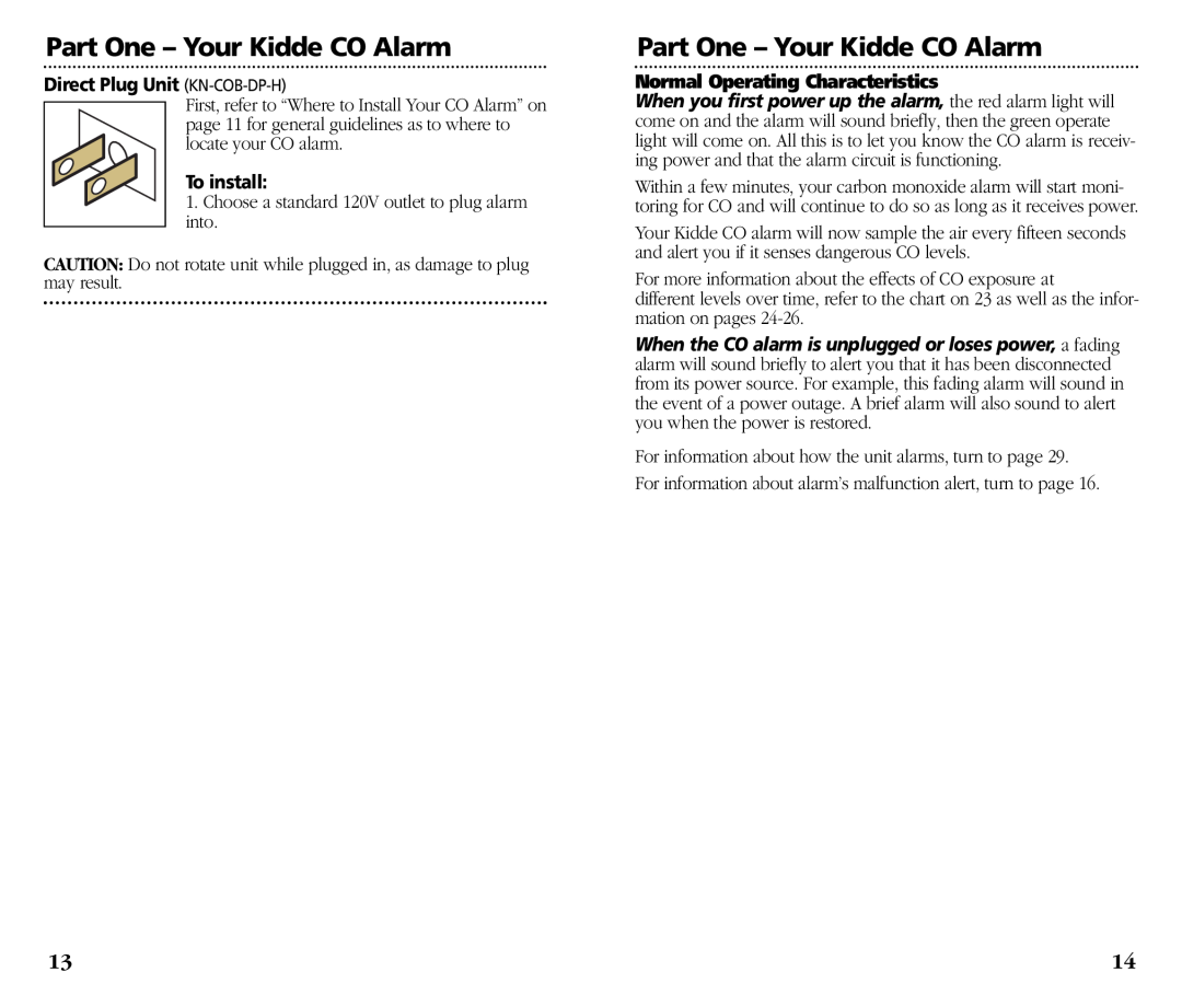 Kidde KN-COB-DP-H) manual Part One - Your Kidde CO Alarm, Direct Plug Unit KN-COB-DP-H, To install 