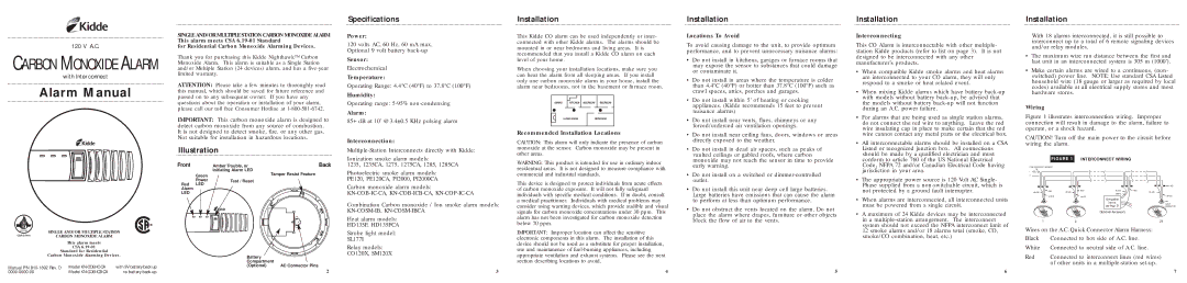 Kidde KN-COB-IC-CA, KN-COB-ICB-CA specifications Illustration, Specifications, Installation 