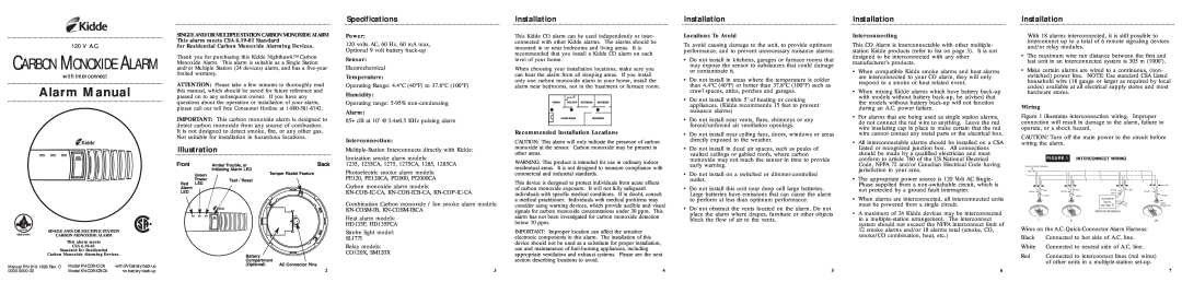Kidde KN-COB-IC-CA specifications Illustration, Specifications, Installation, Alarm Manual, Carbon Monoxide Alarm, Front 