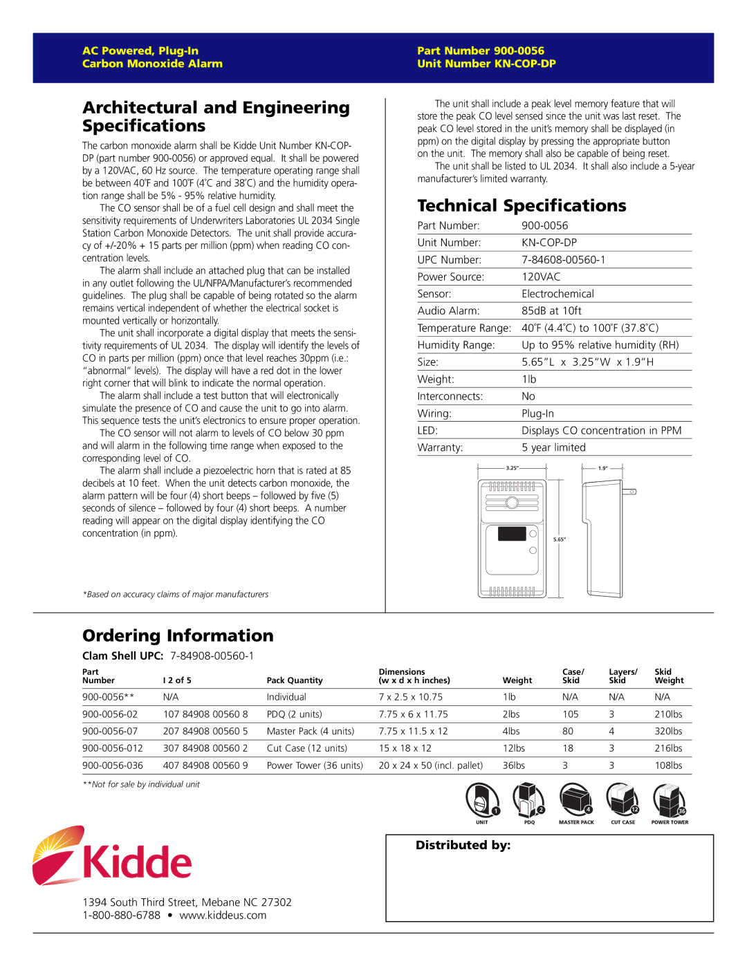 Kidde KN-COP-DP warranty Architectural and Engineering Specifications, Technical Specifications, Ordering Information 