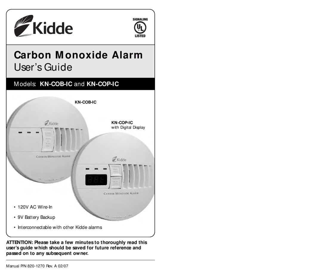 Kidde kn-cobic, kn-cop-ic manual Carbon Monoxide Alarm, Models KN-COB-IC and KN-COP-IC 