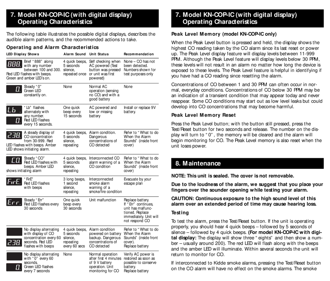 Kidde kn-cop-ic, kn-cobic manual Maintenance, Peak Level Memory model KN-COP-IC only, Peak Level Memory Reset, Testing 