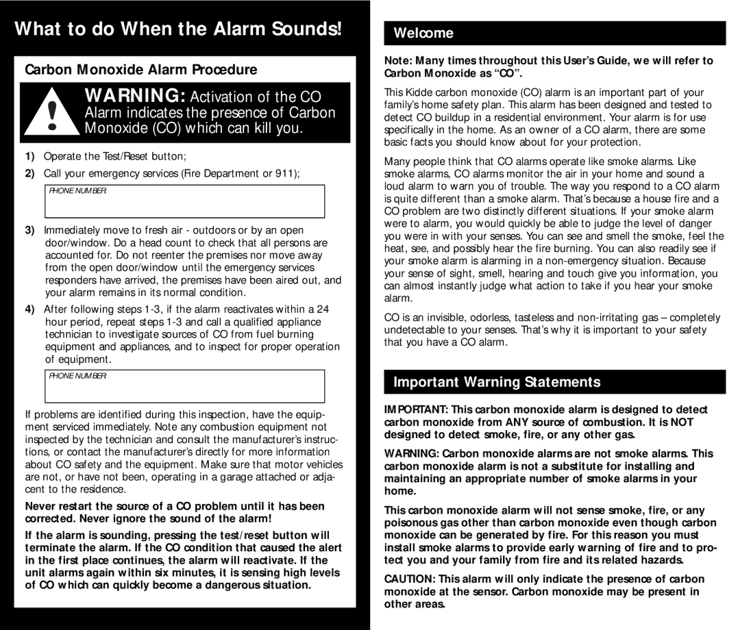 Kidde kn-cop-ic, kn-cobic manual Welcome, Important Warning Statements 