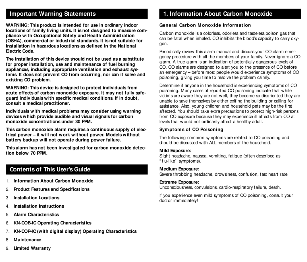 Kidde kn-cobic, kn-cop-ic manual Contents of This User’s Guide, Information About Carbon Monoxide 