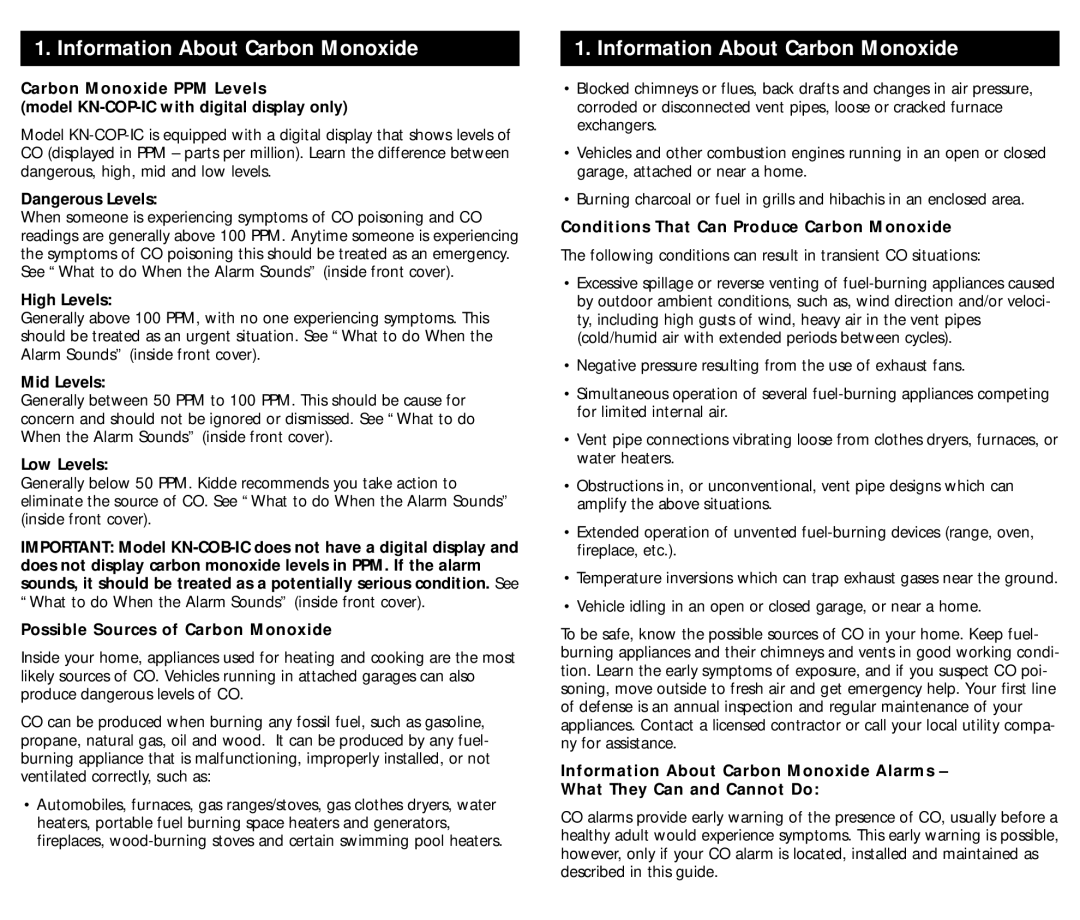 Kidde kn-cop-ic, kn-cobic manual High Levels, Mid Levels, Low Levels, Possible Sources of Carbon Monoxide 