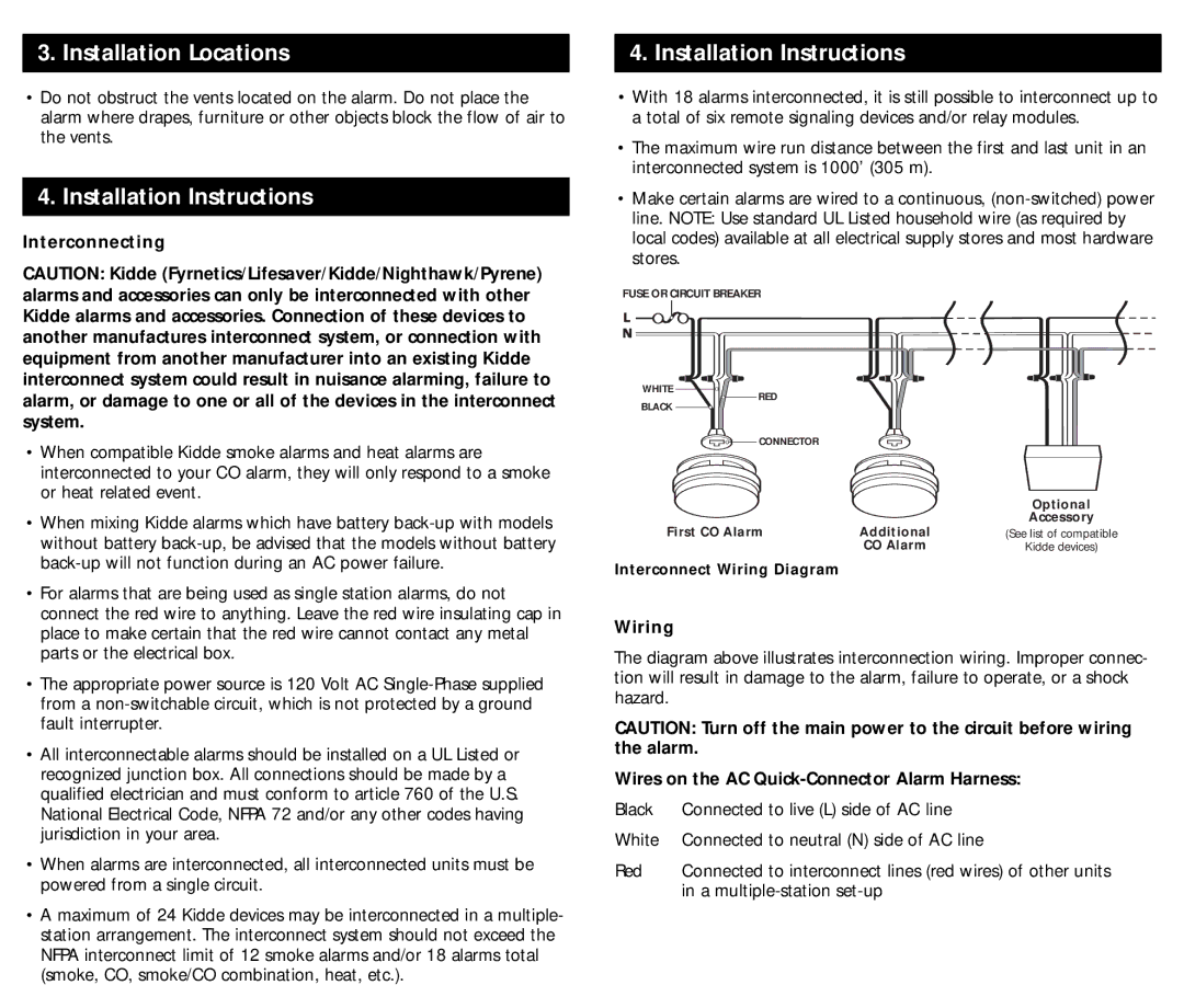 Kidde kn-cobic manual Installation Instructions, Interconnecting, Wiring, Wires on the AC Quick-Connector Alarm Harness 