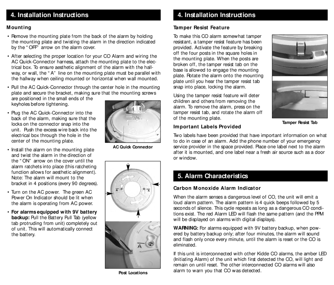 Kidde kn-cop-ic, kn-cobic manual Alarm Characteristics, Mounting, Tamper Resist Feature, Important Labels Provided 