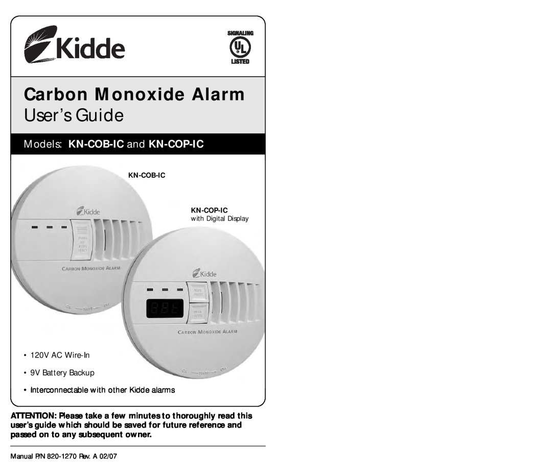 Kidde kn-cobic, kn-cop-ic manual Models KN-COB-IC and KN-COP-IC, Carbon Monoxide Alarm, User’s Guide 