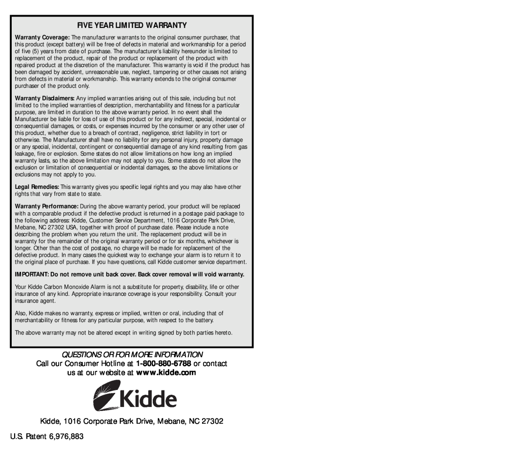 Kidde kn-cop-ic, kn-cobic manual Five Year Limited Warranty, Questions Or For More Information 