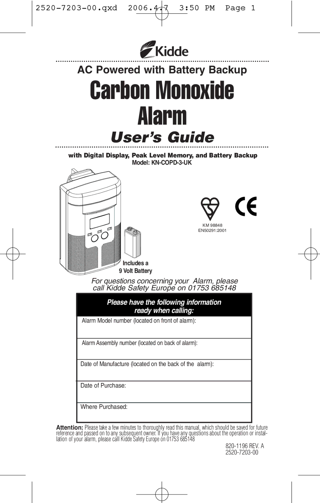 Kidde KN-COPD-3-UK manual Carbon Monoxide Alarm 