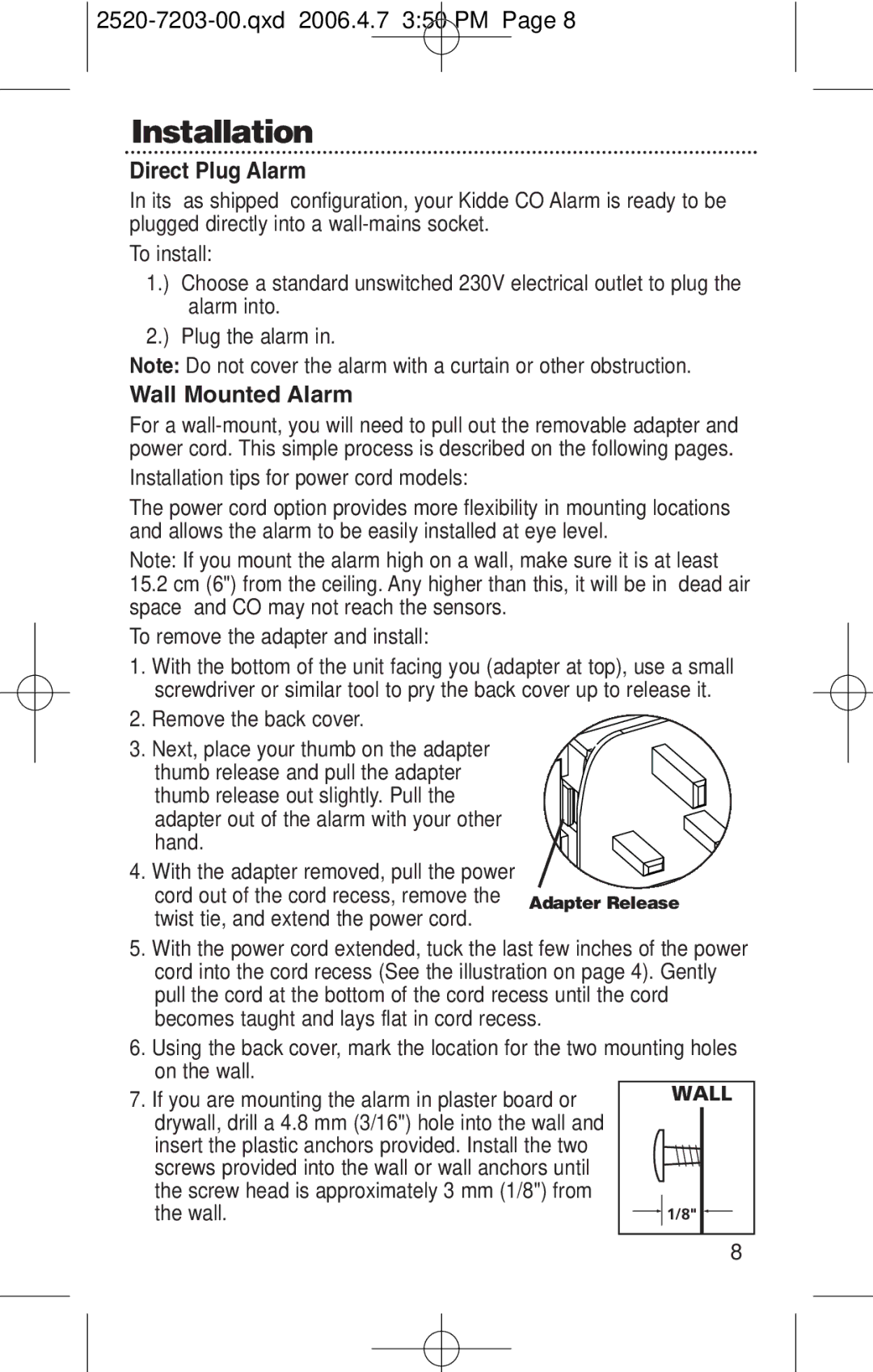 Kidde KN-COPD-3-UK manual Direct Plug Alarm, Wall Mounted Alarm 