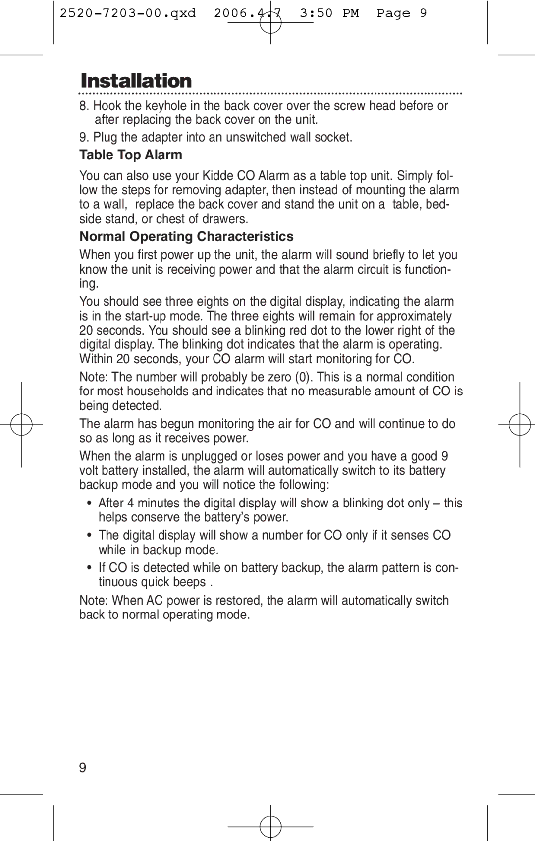 Kidde KN-COPD-3-UK manual Table Top Alarm, Normal Operating Characteristics 