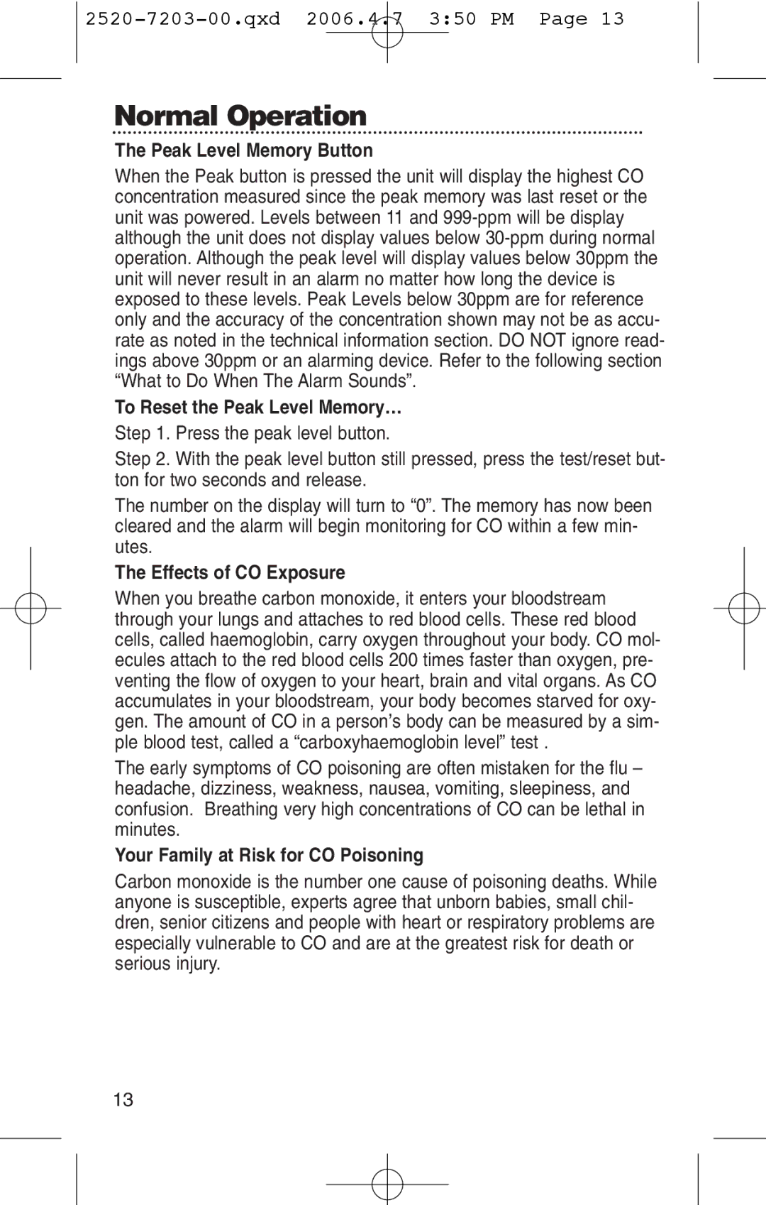 Kidde KN-COPD-3-UK manual Peak Level Memory Button, To Reset the Peak Level Memory…, Effects of CO Exposure 