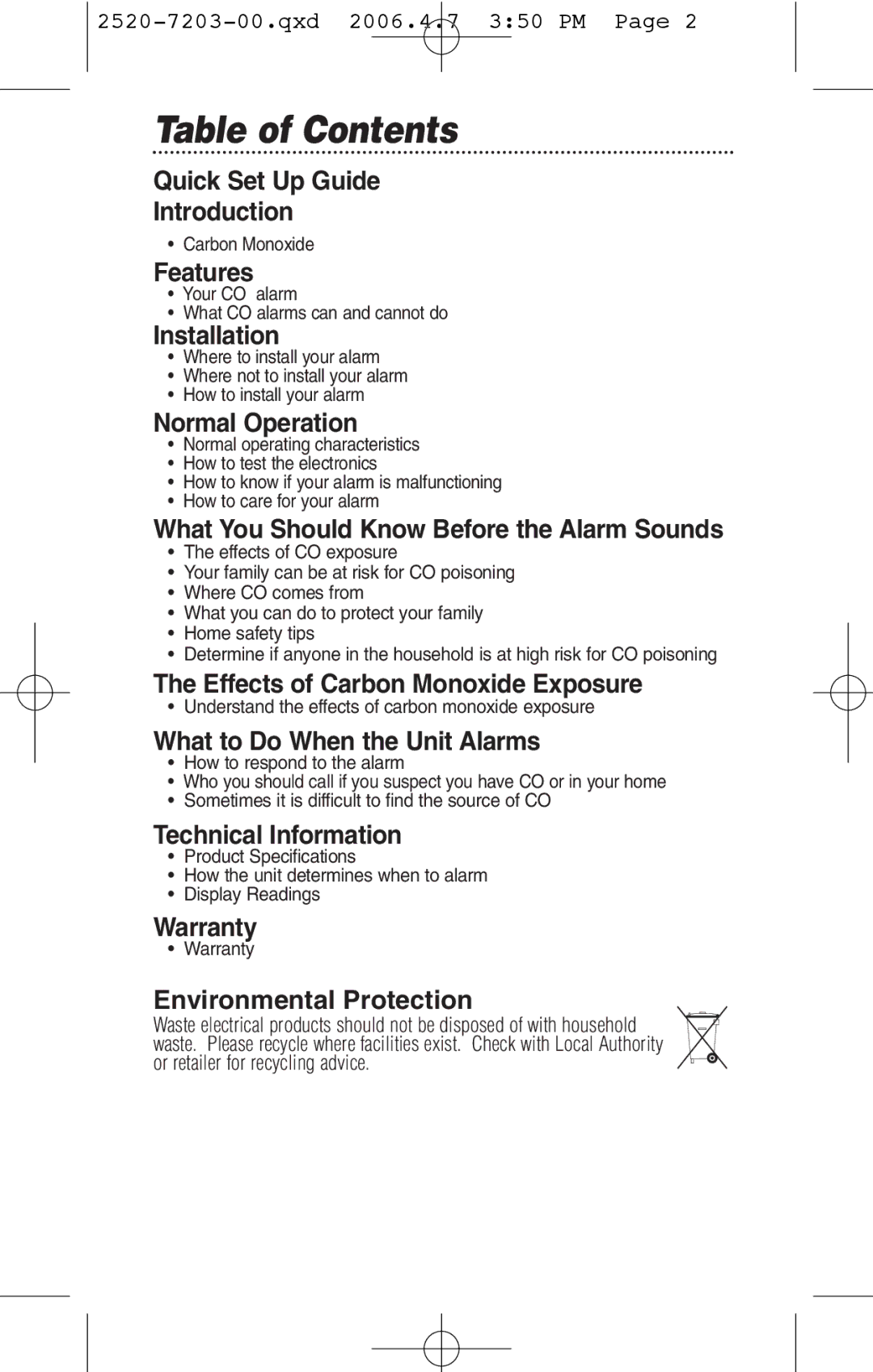 Kidde KN-COPD-3-UK manual Table of Contents 