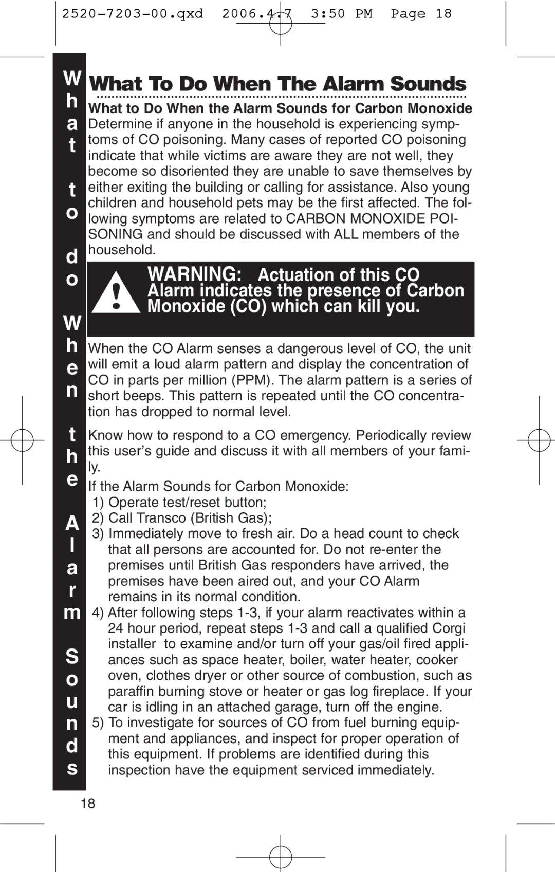 Kidde KN-COPD-3-UK manual What To Do When The Alarm Sounds, What to Do When the Alarm Sounds for Carbon Monoxide 